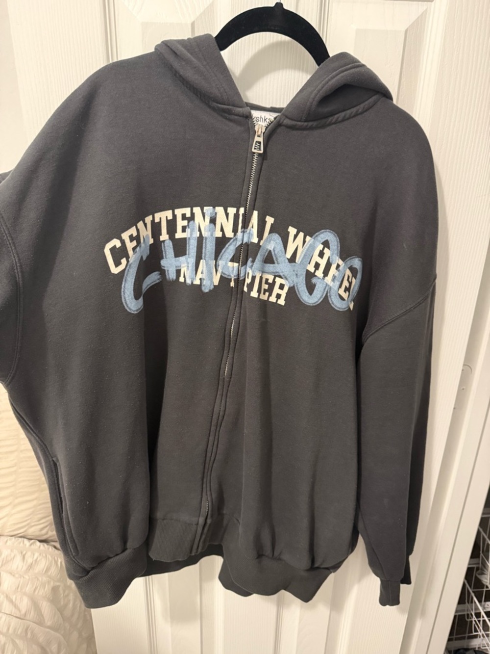 Bershka Charcoal Zip-Up Hoodie with Light Blue Script